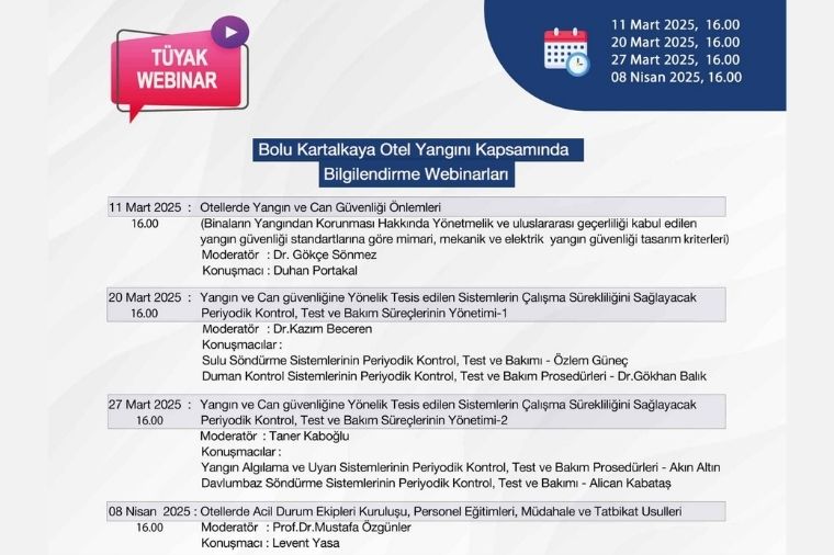 TÜYAK, Bolu Kartalkaya Otel Yangını Sonrası Yangın Güvenliği Webinarları Düzenliyor
